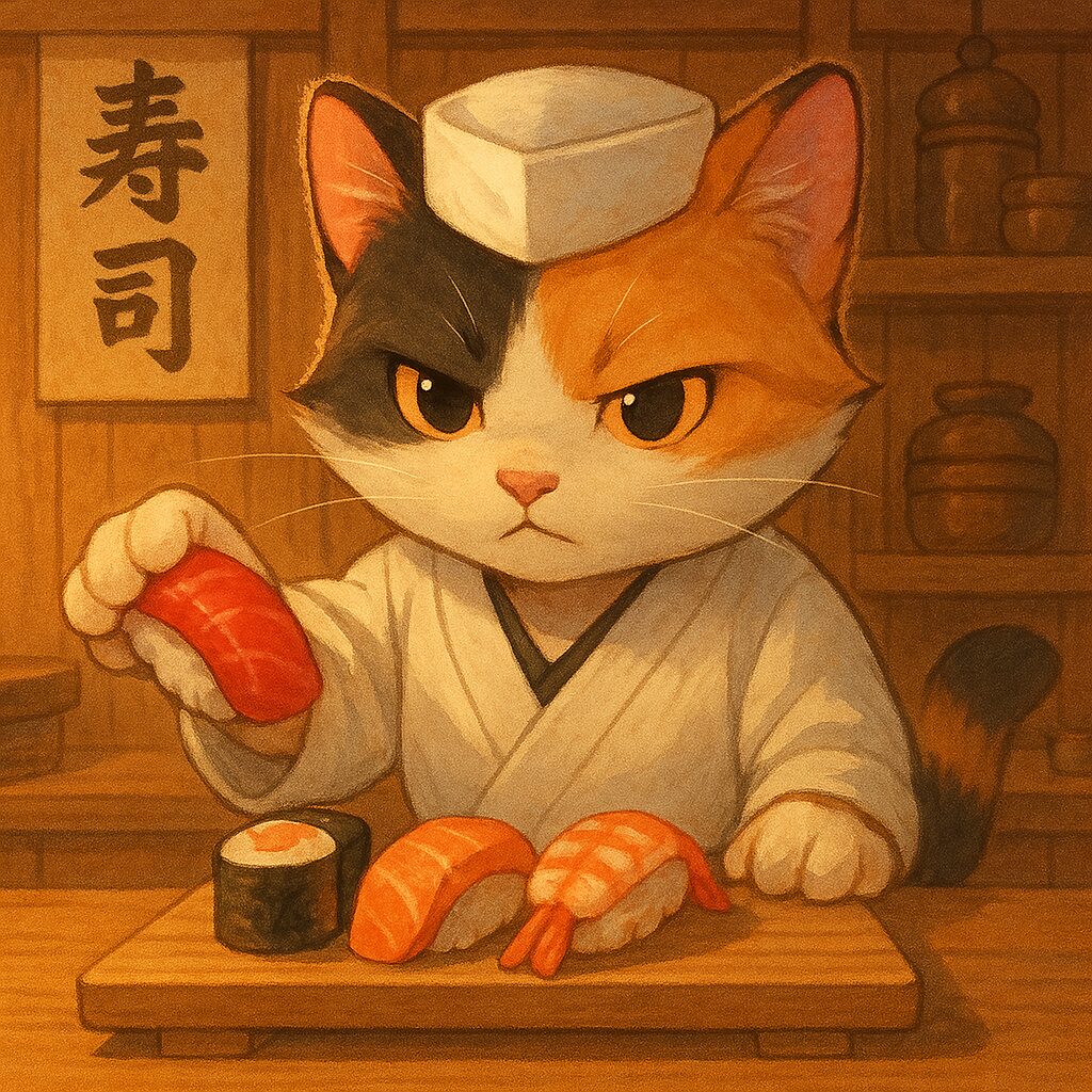 寿司屋で職人のように握り寿司を作る三毛猫のイラスト / Illustration of a calico cat making sushi like a skilled chef at a sushi restaurant