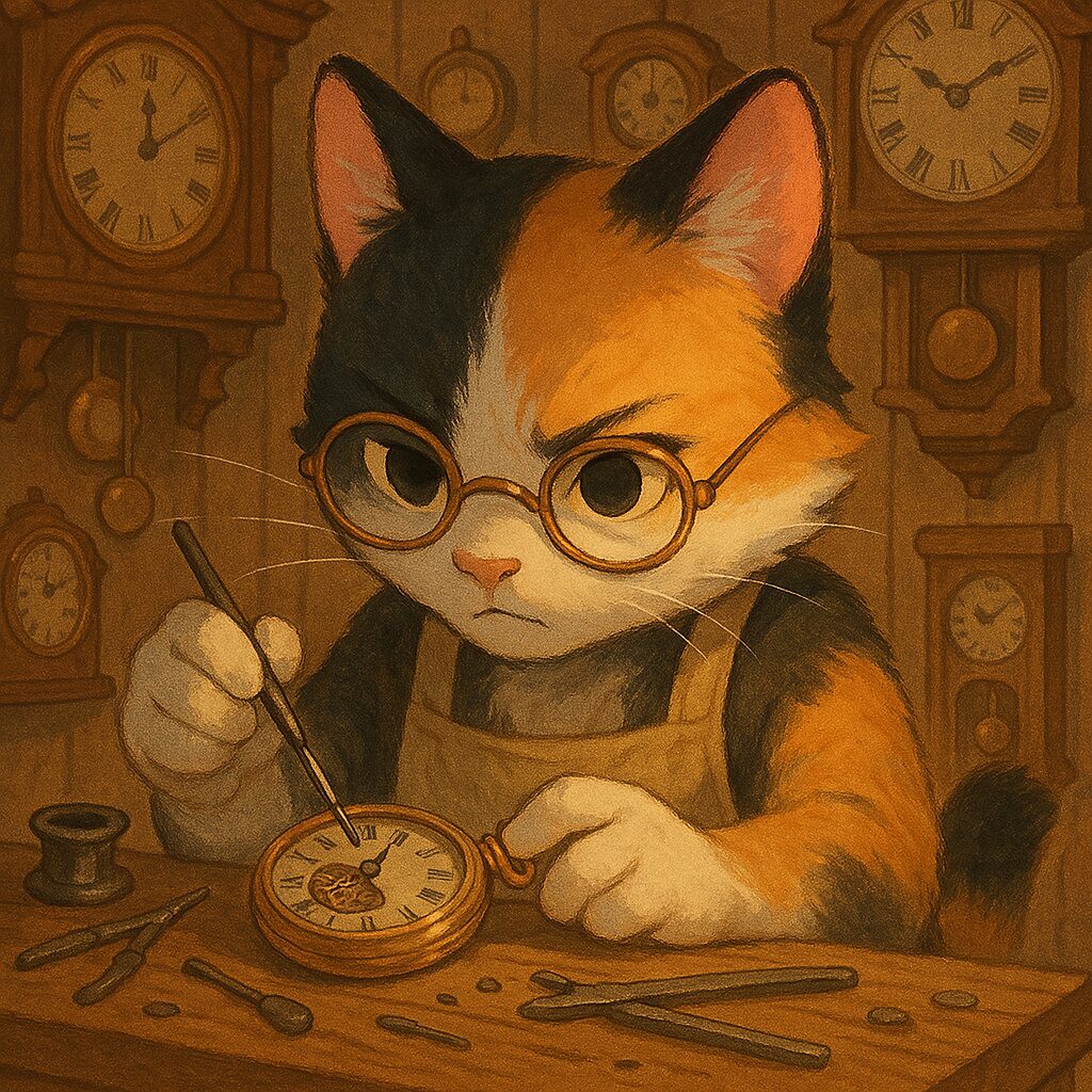 時計屋で真剣な表情で時計を修理する三毛猫のイラスト / Illustration of a calico cat with a serious expression repairing a clock at a clock shop