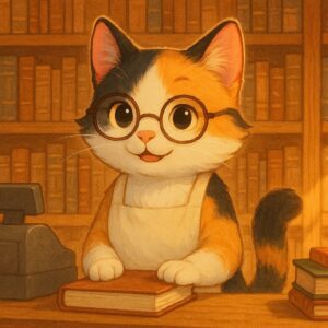 メガネをかけて本屋で接客する可愛らしい三毛猫のイラスト / Cute illustration of a calico cat wearing glasses and working at a bookstore