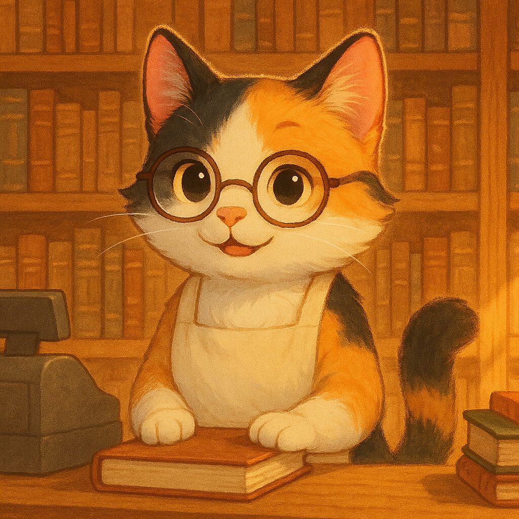 メガネをかけて本屋で接客する可愛らしい三毛猫のイラスト / Cute illustration of a calico cat wearing glasses and working at a bookstore