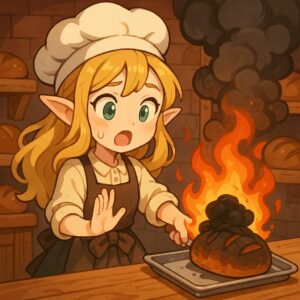 火の魔法でパンを焼こうとして焦がしてしまったパン屋のかわいい女の子エルフのイラスト。/
An illustration of a cute elf girl baker who accidentally burned the bread while trying to bake it with fire magic.