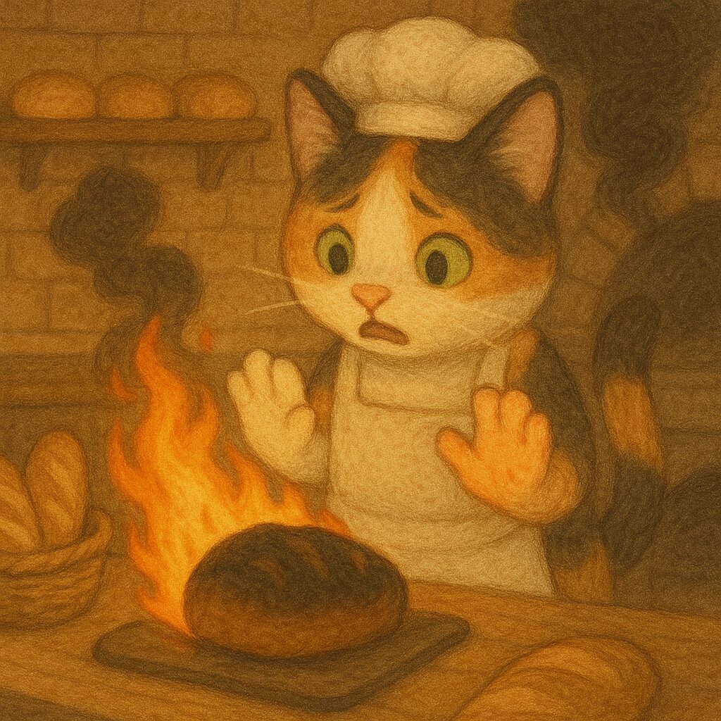 火の魔法でパンを焼こうとして焦がしてしまったパン屋の三毛猫のイラスト。/ An illustration of a baker calico cat who accidentally burned the bread while trying to bake it with fire magic.