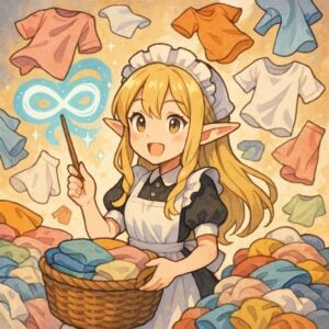 無限に増える洗濯物に魔法で立ち向かうお手伝いさん姿のかわいい女の子エルフのイラスト。/
An illustration of a cute elf girl maid using magic to battle an endless pile of laundry.