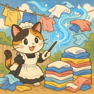 無限に増える洗濯物に魔法で立ち向かうお手伝いさん姿の三毛猫メイドのイラスト。/ An illustration of a maid calico cat using magic to battle an endless pile of laundry.