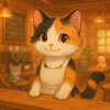 ChatGPT: 猫用カフェで店長として働くエプロン姿の三毛猫の可愛いイラスト / Cute illustration of a calico cat wearing an apron and working as the manager of a cat café