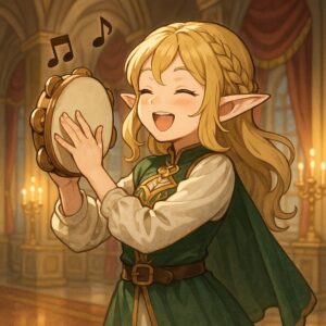 王宮の演奏会でタンバリンを楽しそうに奏でる楽士のかわいい女の子エルフのイラスト。/
An illustration of a cute elf girl musician joyfully playing the tambourine during a royal concert.