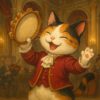 王宮の演奏会でタンバリンを楽しそうに叩く楽士の三毛猫のイラスト。/ An illustration of a royal musician calico cat enthusiastically playing the tambourine during a palace concert.