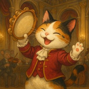 王宮の演奏会でタンバリンを楽しそうに叩く楽士の三毛猫のイラスト。/ An illustration of a royal musician calico cat enthusiastically playing the tambourine during a palace concert.