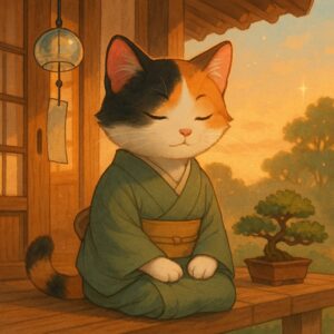 着物を着て縁側に静かに座る三毛猫の癒し系イラスト / Relaxing illustration of a calico cat wearing a kimono and sitting peacefully on a porch