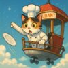 空飛ぶレストランから皿を落としてしまうシェフ姿の三毛猫のイラスト。/ An illustration of a chef calico cat accidentally dropping dishes from a floating restaurant.