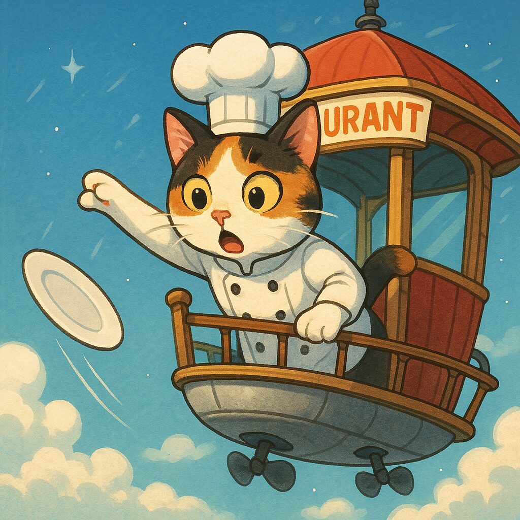 空飛ぶレストランから皿を落としてしまうシェフ姿の三毛猫のイラスト。/ An illustration of a chef calico cat accidentally dropping dishes from a floating restaurant.