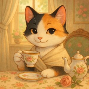 紅茶会でティーカップを手に優雅に微笑む三毛猫の可愛いイラスト / Cute illustration of a calico cat gracefully smiling while holding a teacup at a tea party