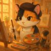 ベレー帽をかぶりキャンバスに絵を描く三毛猫画家のイラスト / Illustration of a calico cat artist wearing a beret and painting on a canvas