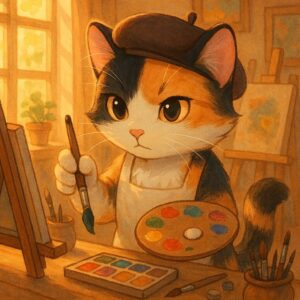 ベレー帽をかぶりキャンバスに絵を描く三毛猫画家のイラスト / Illustration of a calico cat artist wearing a beret and painting on a canvas