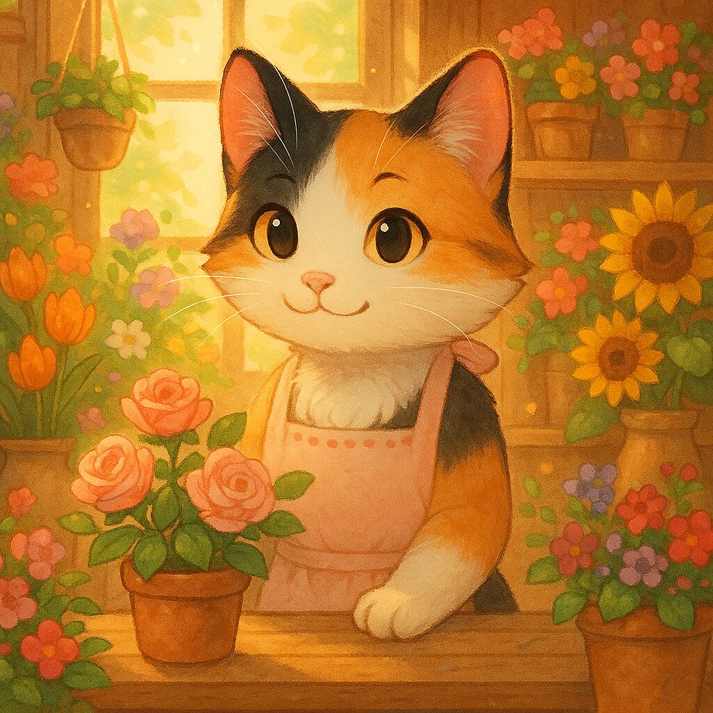 花屋でエプロンをつけて働く可愛らしい三毛猫のイラスト / Cute illustration of a calico cat wearing an apron and working in a flower shop