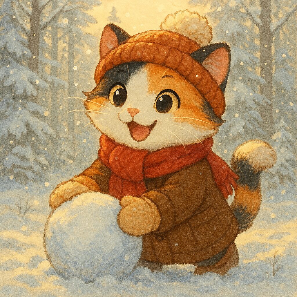 雪の中で帽子とマフラーをつけて雪だるまを作る三毛猫の可愛いイラスト / Cute illustration of a calico cat wearing a hat and scarf while making a snowman in the snow
