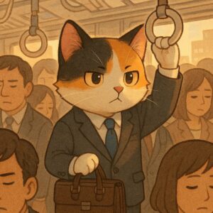 スーツ姿で電車に乗り通勤する三毛猫のイラスト / Illustration of a calico cat in a suit commuting on a train