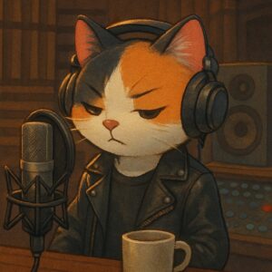 音楽スタジオでヘッドホンをつけてレコーディングする三毛猫のイラスト / Illustration of a calico cat wearing headphones and recording music in a studio