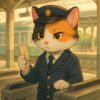 駅の改札で切符を確認する制服姿の三毛猫駅員のイラスト / Illustration of a calico cat station staff in uniform checking tickets at a train station gate