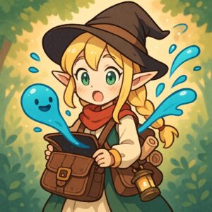 魔法のカバンからスライムが飛び出してしまった旅商人のかわいい女の子エルフのイラスト。/
An illustration of a cute elf girl traveling merchant whose magical bag accidentally releases a slime.