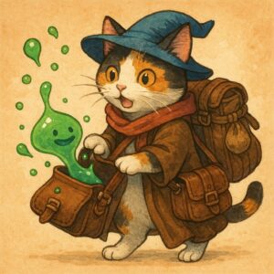 魔法のカバンからスライムが飛び出してしまった旅商人の三毛猫のイラスト。/ An illustration of a traveling merchant calico cat whose magical bag accidentally releases a slime.