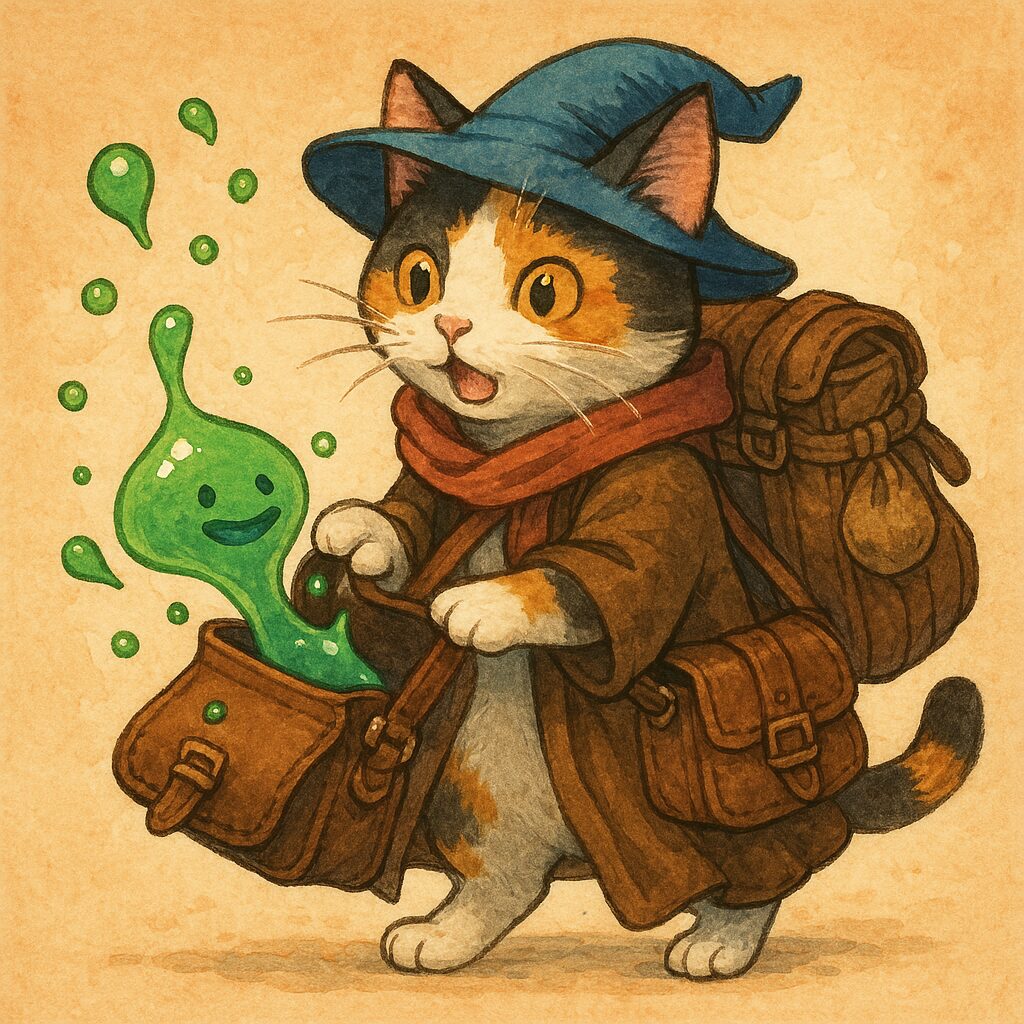 魔法のカバンからスライムが飛び出してしまった旅商人の三毛猫のイラスト。/ An illustration of a traveling merchant calico cat whose magical bag accidentally releases a slime.
