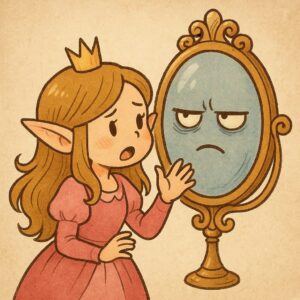 魔法の鏡に話しかけすぎて嫌がられてしまうおとぎ話風の王女のかわいい女の子エルフのイラスト。/
An illustration of a cute elf girl princess in a fairy-tale style annoying a magic mirror by talking to it too much.