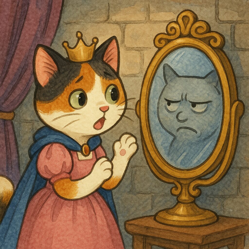 魔法の鏡に話しかけすぎて嫌がられてしまうおとぎ話風の王女三毛猫のイラスト。/ An illustration of a fairy-tale style princess calico cat annoying a magic mirror by talking to it too much.