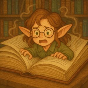 魔法図書館で本に巻き込まれて出てこられなくなった司書のかわいい女の子エルフのイラスト。/
An illustration of a cute elf girl librarian trapped inside a magical book in an enchanted library.