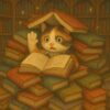 魔法図書館で本に巻き込まれて出てこられなくなった司書の三毛猫のイラスト。/ An illustration of a librarian calico cat trapped inside a magical book in an enchanted library.