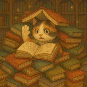 魔法図書館で本に巻き込まれて出てこられなくなった司書の三毛猫のイラスト。/ An illustration of a librarian calico cat trapped inside a magical book in an enchanted library.