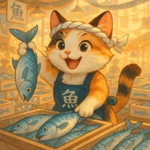 魚市場でハチマキを巻いて元気に働く三毛猫の可愛いイラスト / Cute illustration of a calico cat wearing a headband and cheerfully working at a fish market