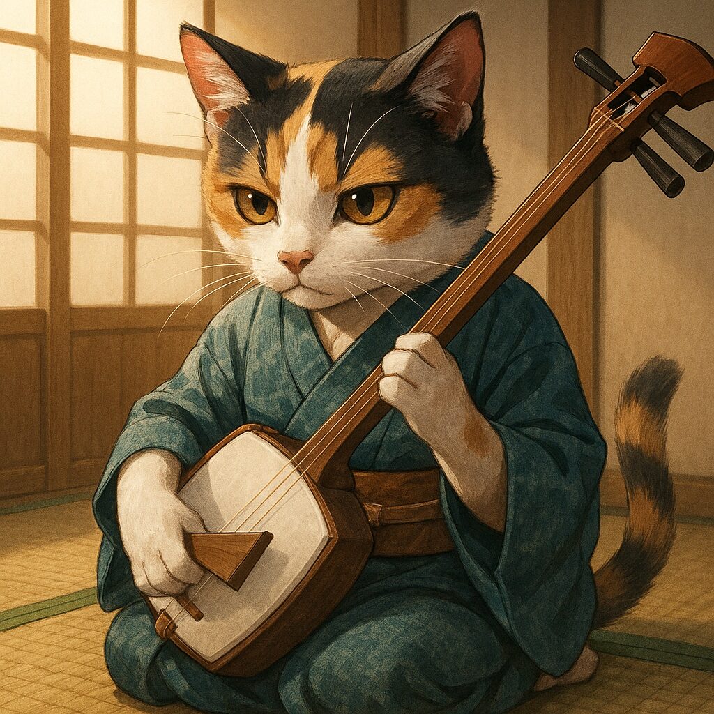三毛猫が三味線を抱えて真剣な表情で演奏する様子を描いた和風の落ち着いたイラストです A calico cat holding a shamisen and performing with a focused, calm expression in a traditional Japanese setting.