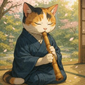 静かな庭園の中で三毛猫が目を閉じ、尺八を丁寧に吹きながら穏やかな雰囲気に包まれているイラストです A calico cat sitting in a peaceful garden, eyes closed, gently playing the shakuhachi in a serene and calming atmosphere.