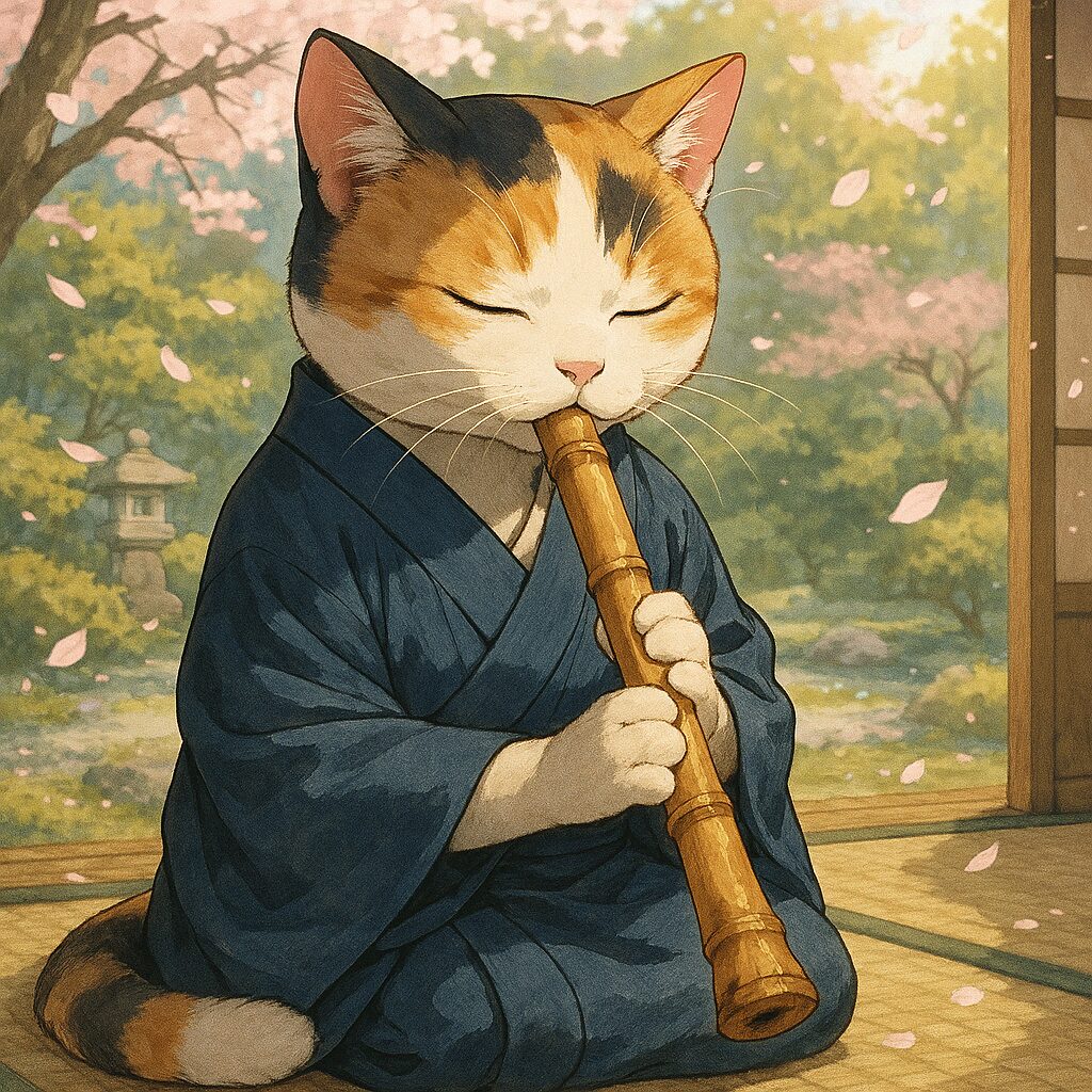 静かな庭園の中で三毛猫が目を閉じ、尺八を丁寧に吹きながら穏やかな雰囲気に包まれているイラストです A calico cat sitting in a peaceful garden, eyes closed, gently playing the shakuhachi in a serene and calming atmosphere.