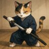 居合道の装束を身につけた三毛猫が、抜刀の瞬間に鋭い構えを見せる迫力あるイラストです A calico cat dressed in iaido attire capturing the intense moment of drawing a katana with precision and focus.