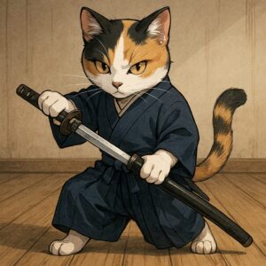 居合道の装束を身につけた三毛猫が、抜刀の瞬間に鋭い構えを見せる迫力あるイラストです A calico cat dressed in iaido attire capturing the intense moment of drawing a katana with precision and focus.