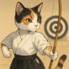 弓道着を身につけた三毛猫が、的を見据えて弓を構える真剣な姿を描いた凛としたイラストです A calico cat in traditional kyudo attire focusing intently on the target while drawing a bow with calm precision.