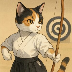 弓道着を身につけた三毛猫が、的を見据えて弓を構える真剣な姿を描いた凛としたイラストです A calico cat in traditional kyudo attire focusing intently on the target while drawing a bow with calm precision.