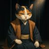 文楽の黒衣風の衣装をまとった三毛猫が、人形のように静かで表情豊かな所作を見せるイラストです A calico cat dressed in Bunraku-style attire posing with calm, puppet-like expressiveness on a dimly lit stage.