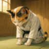 柔道着に黒帯を締めた三毛猫が、道場で丁寧に礼をしている姿を描いた落ち着いた和風イラストです A calico cat wearing a judo gi with a black belt, respectfully bowing inside a traditional dojo.