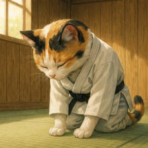 柔道着に黒帯を締めた三毛猫が、道場で丁寧に礼をしている姿を描いた落ち着いた和風イラストです A calico cat wearing a judo gi with a black belt, respectfully bowing inside a traditional dojo.