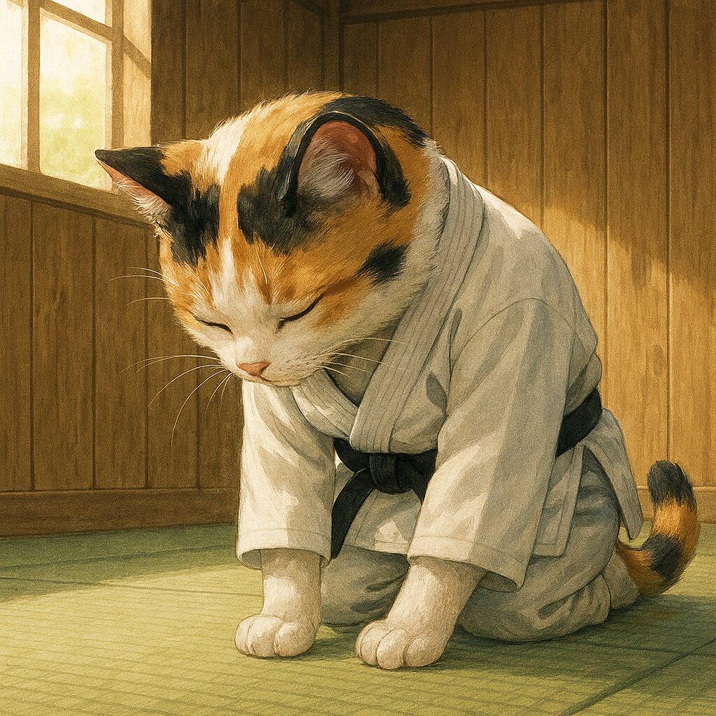 柔道着に黒帯を締めた三毛猫が、道場で丁寧に礼をしている姿を描いた落ち着いた和風イラストです A calico cat wearing a judo gi with a black belt, respectfully bowing inside a traditional dojo.