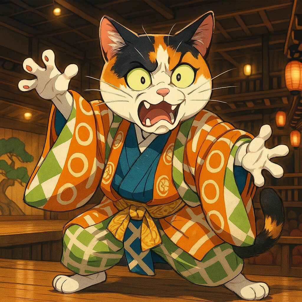 狂言の装束をまとった三毛猫が舞台上で大げさなポーズを決めて表情豊かに演じるイラストです A calico cat dressed in a colorful Kyogen costume striking an exaggerated theatrical pose on a traditional stage.