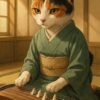 琴の前に正座した三毛猫が、真剣な表情で演奏の準備をしている和風の落ち着いたイラストです A calico cat sitting formally in front of a koto, wearing a focused expression as it prepares to play in a serene traditional setting.