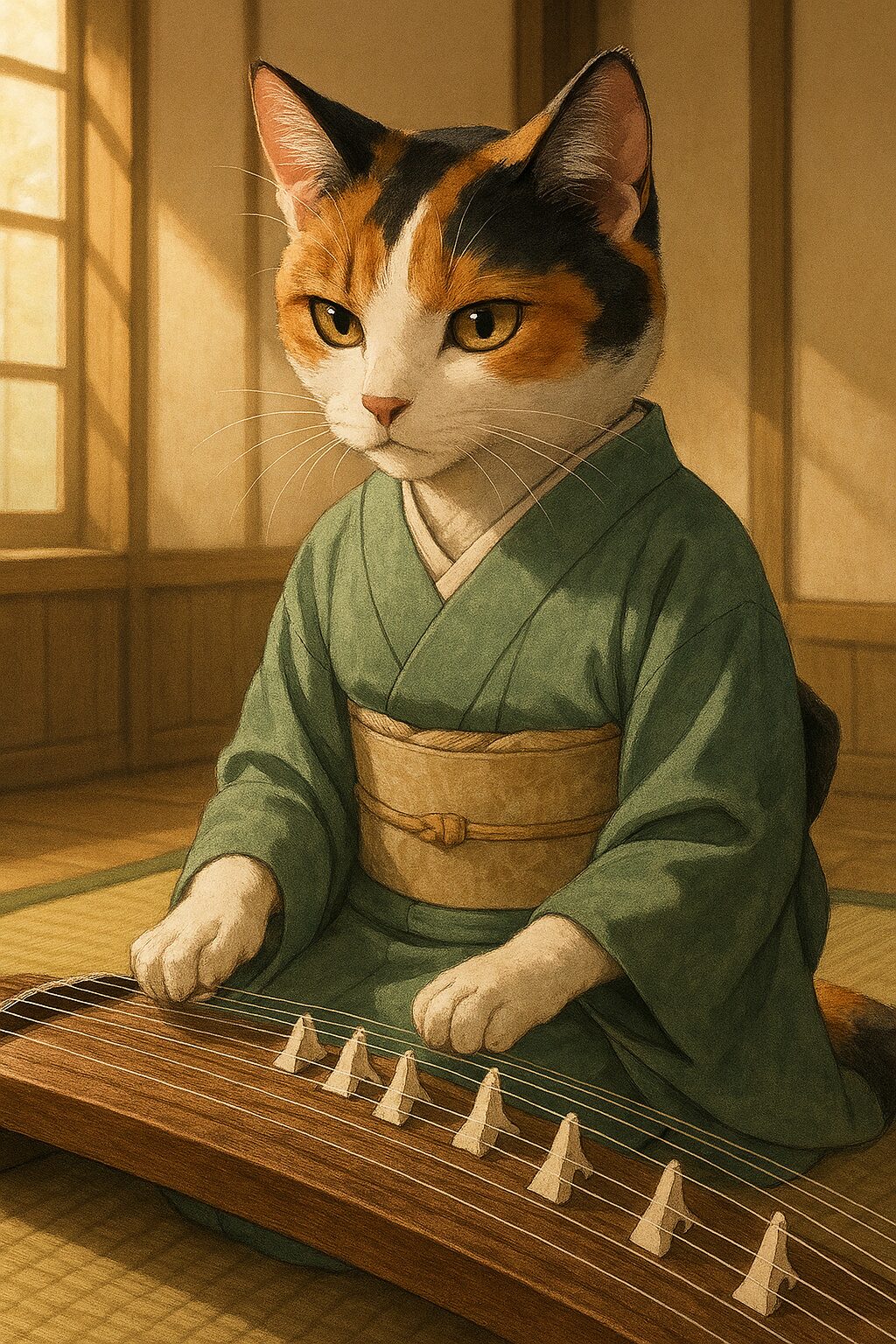琴の前に正座した三毛猫が、真剣な表情で演奏の準備をしている和風の落ち着いたイラストです A calico cat sitting formally in front of a koto, wearing a focused expression as it prepares to play in a serene traditional setting.