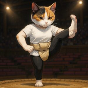 相撲のまわしを締めた三毛猫が、土俵の上で力強く四股を踏む瞬間を描いた迫力あるイラストです A calico cat wearing a sumo mawashi performing a powerful shiko stomp at the center of the dohyo.