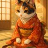 着物姿の三毛猫が、和菓子と抹茶を前に穏やかな表情でお茶時間を楽しむ様子を描いた温かな和風イラストです A kimono-wearing calico cat peacefully enjoying wagashi and matcha in a warm, traditional Japanese room.
