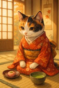 着物姿の三毛猫が、和菓子と抹茶を前に穏やかな表情でお茶時間を楽しむ様子を描いた温かな和風イラストです A kimono-wearing calico cat peacefully enjoying wagashi and matcha in a warm, traditional Japanese room.