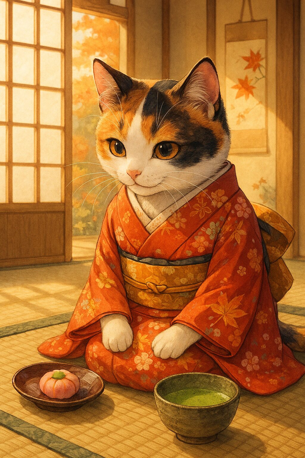 着物姿の三毛猫が、和菓子と抹茶を前に穏やかな表情でお茶時間を楽しむ様子を描いた温かな和風イラストです A kimono-wearing calico cat peacefully enjoying wagashi and matcha in a warm, traditional Japanese room.